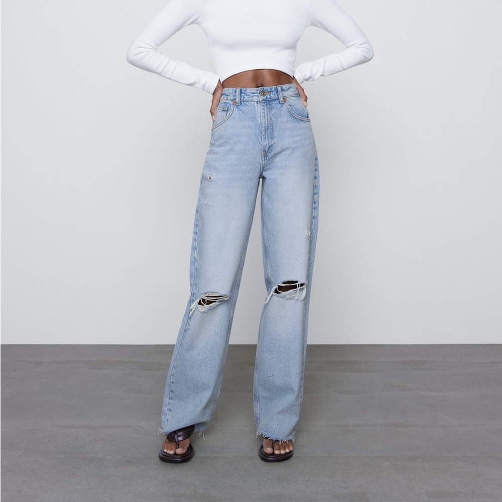 ZARA wide leg full length ripped jeans